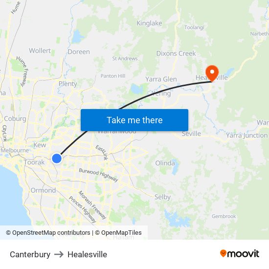 Canterbury to Healesville map