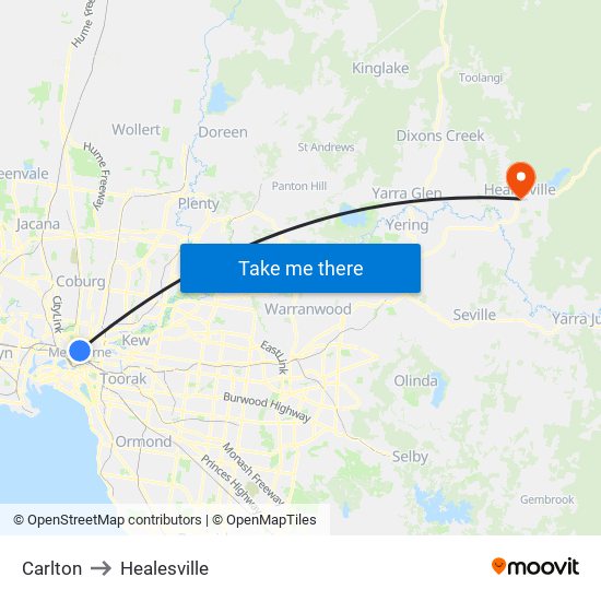 Carlton to Healesville map