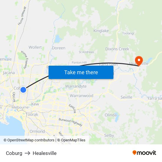 Coburg to Healesville map