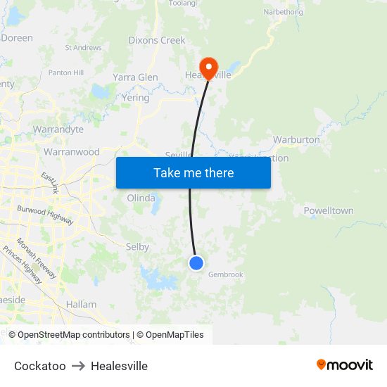 Cockatoo to Healesville map