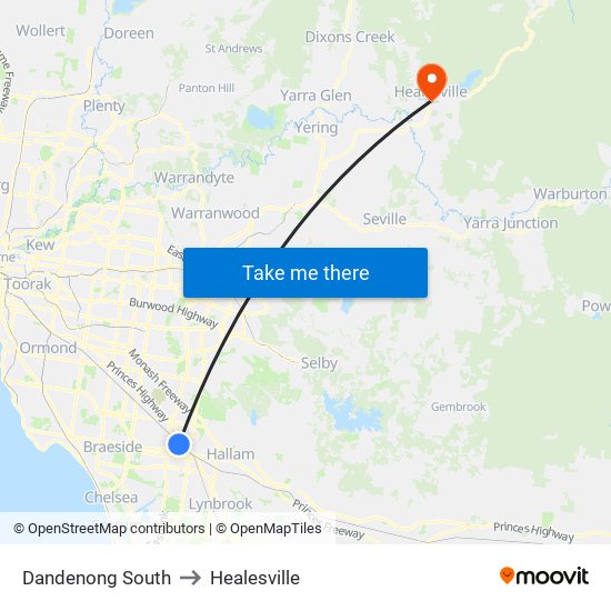 Dandenong South to Healesville map