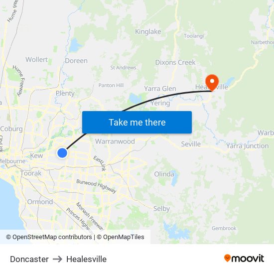 Doncaster to Healesville map