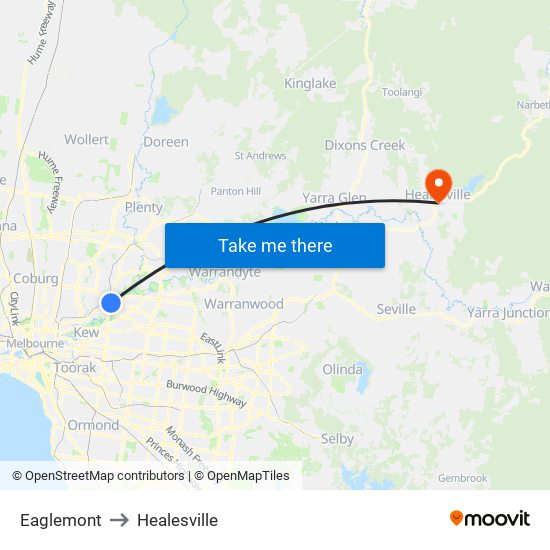 Eaglemont to Healesville map