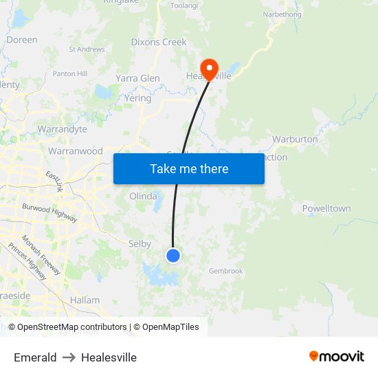 Emerald to Healesville map