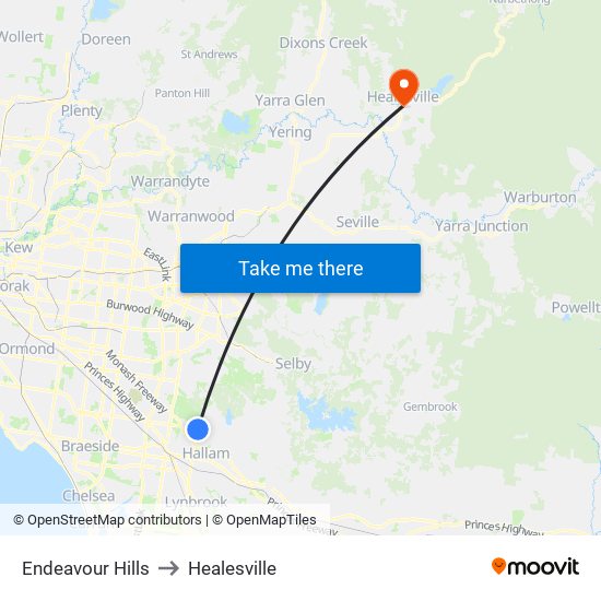 Endeavour Hills to Healesville map
