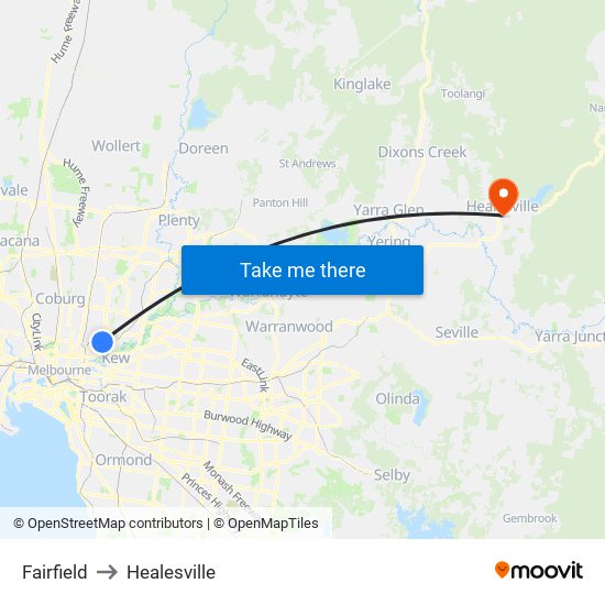 Fairfield to Healesville map