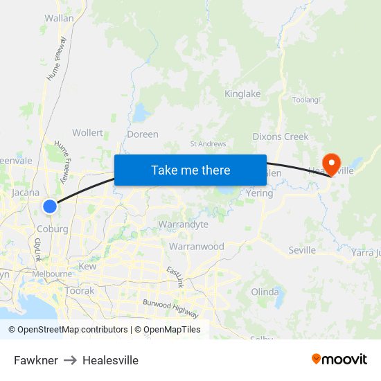 Fawkner to Healesville map