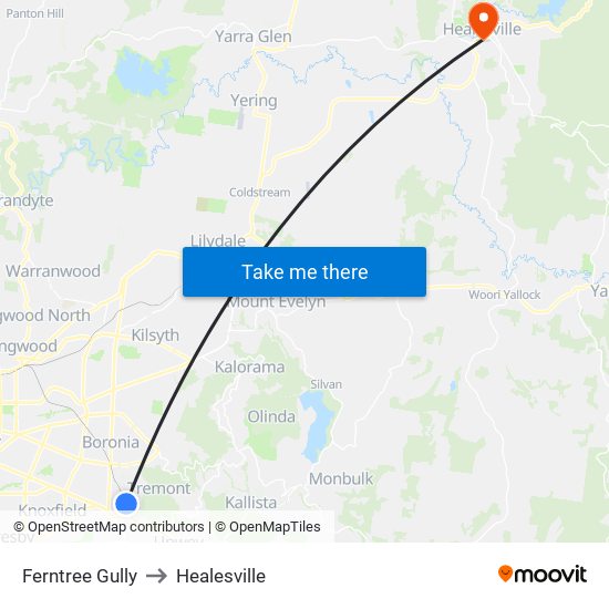 Ferntree Gully to Healesville map