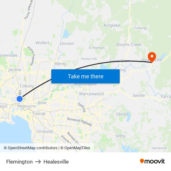 Flemington to Healesville map