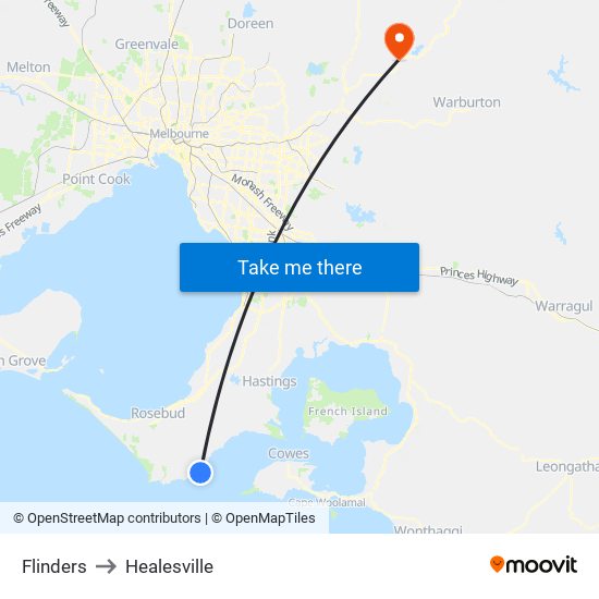 Flinders to Healesville map