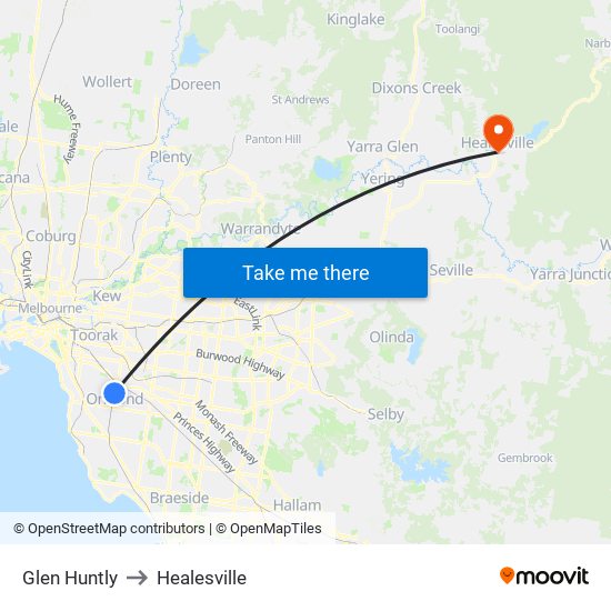 Glen Huntly to Healesville map