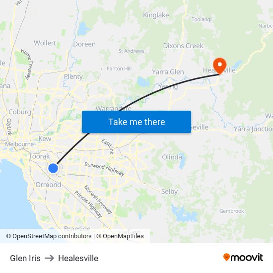 Glen Iris to Healesville map