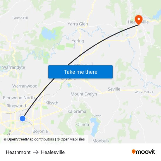 Heathmont to Healesville map