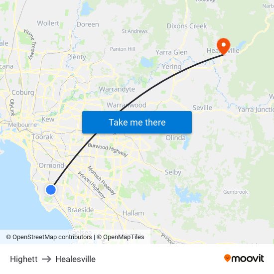 Highett to Healesville map