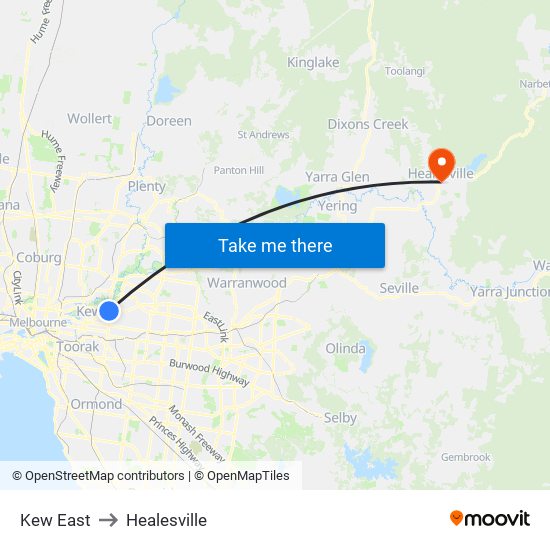 Kew East to Healesville map