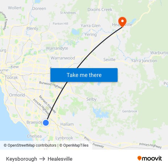Keysborough to Healesville map
