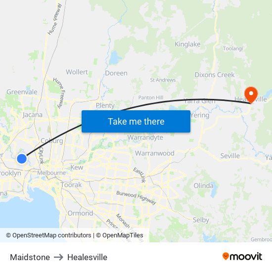 Maidstone to Healesville map