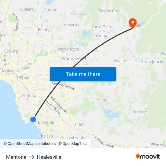 Mentone to Healesville map