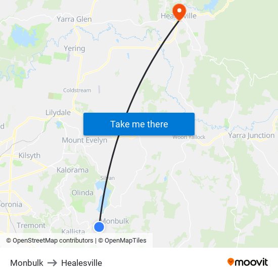 Monbulk to Healesville map