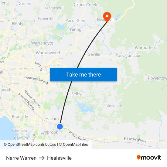 Narre Warren to Healesville map
