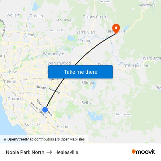 Noble Park North to Healesville map