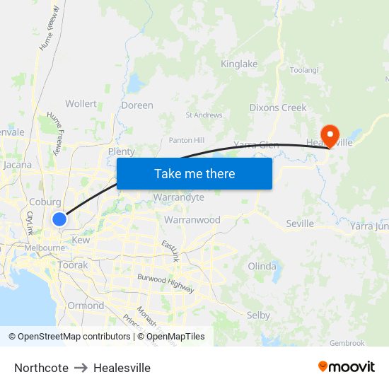 Northcote to Healesville map