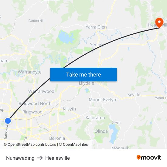 Nunawading to Healesville map