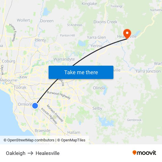 Oakleigh to Healesville map