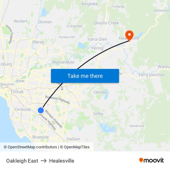 Oakleigh East to Healesville map