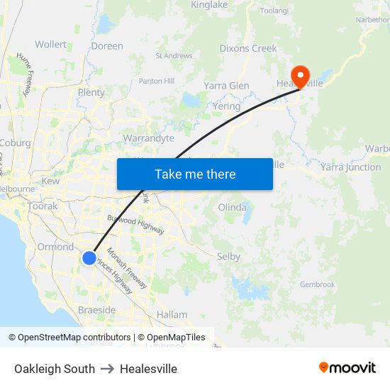 Oakleigh South to Healesville map