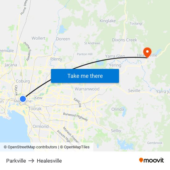 Parkville to Healesville map