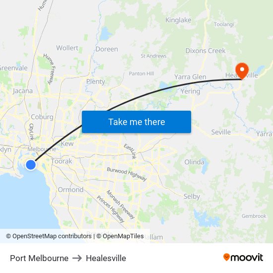 Port Melbourne to Healesville map