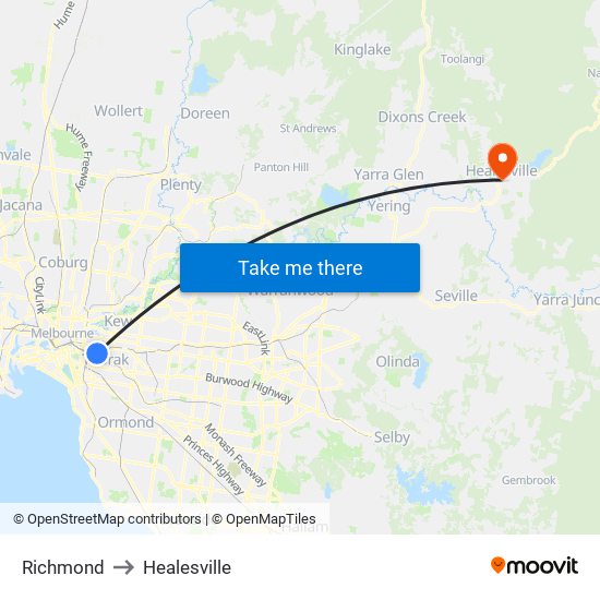 Richmond to Healesville map