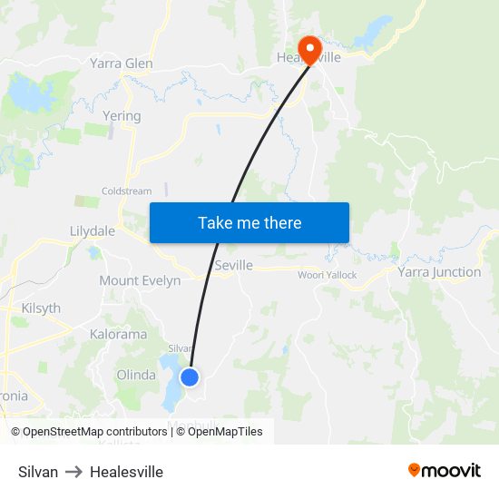 Silvan to Healesville map