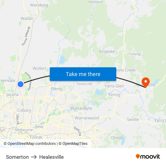 Somerton to Healesville map