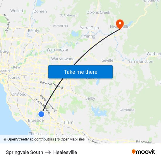 Springvale South to Healesville map