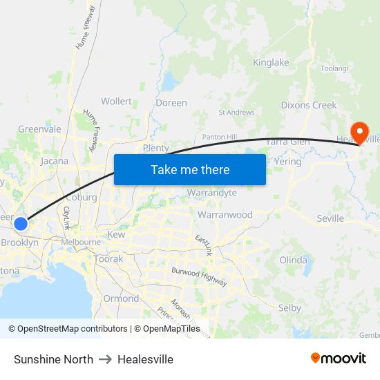 Sunshine North to Healesville map