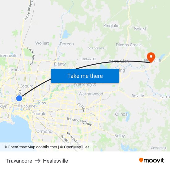 Travancore to Healesville map