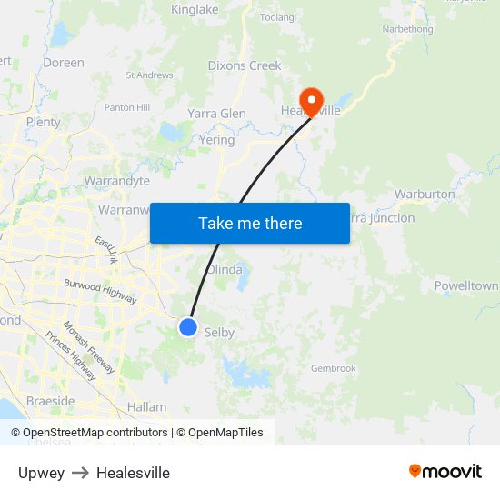 Upwey to Healesville map