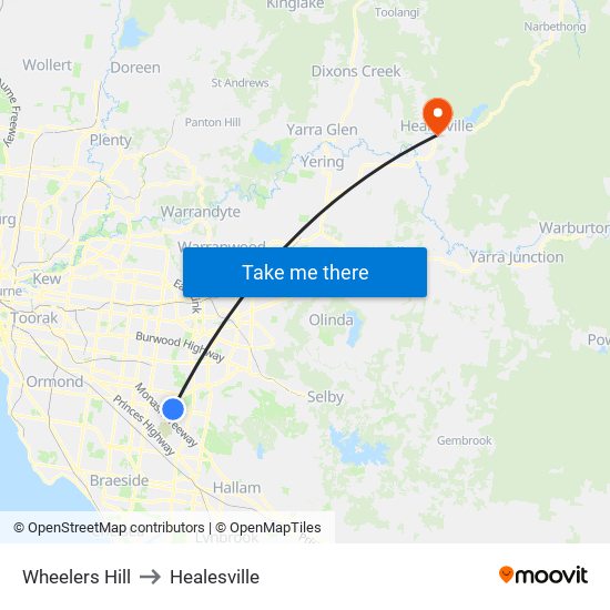 Wheelers Hill to Healesville map