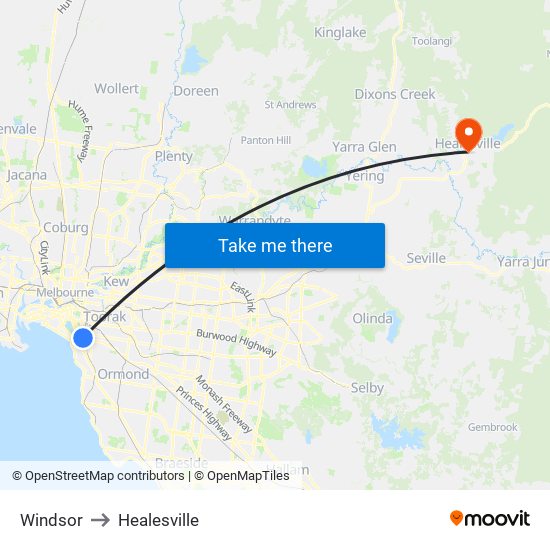 Windsor to Healesville map