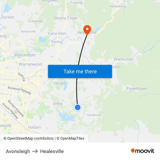 Avonsleigh to Healesville map