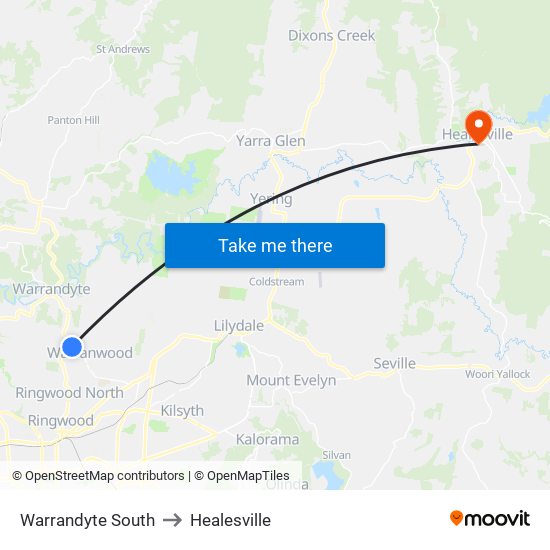 Warrandyte South to Healesville map