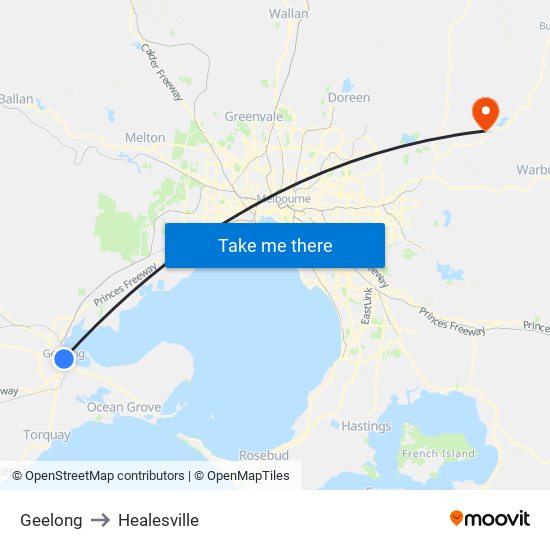 Geelong to Healesville map