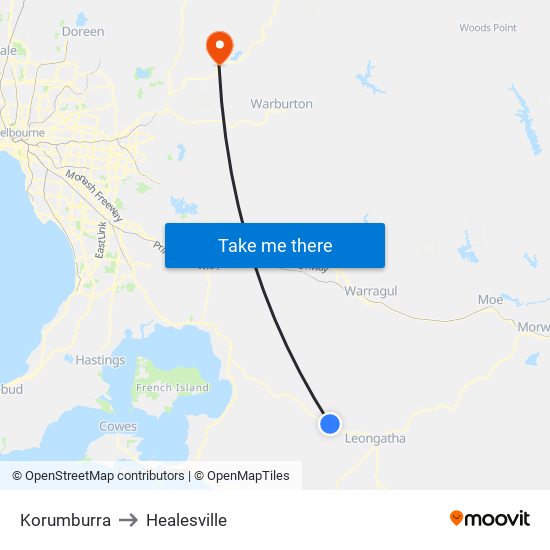 Korumburra to Healesville map