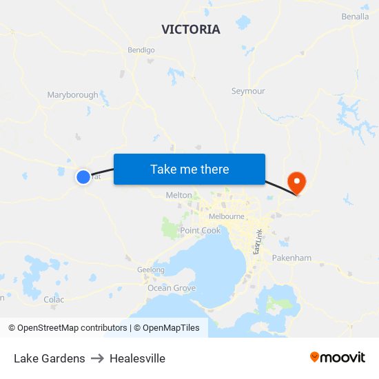 Lake Gardens to Healesville map