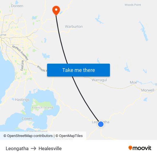 Leongatha to Healesville map