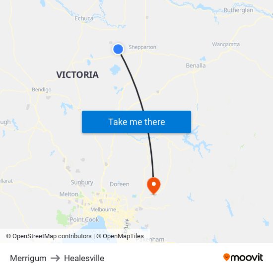 Merrigum to Healesville map