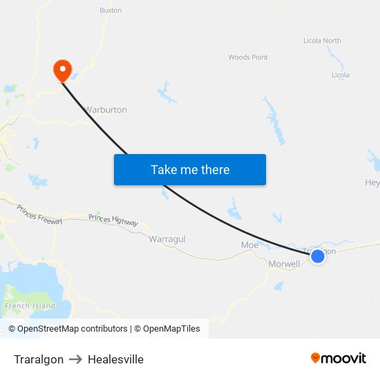 Traralgon to Healesville map