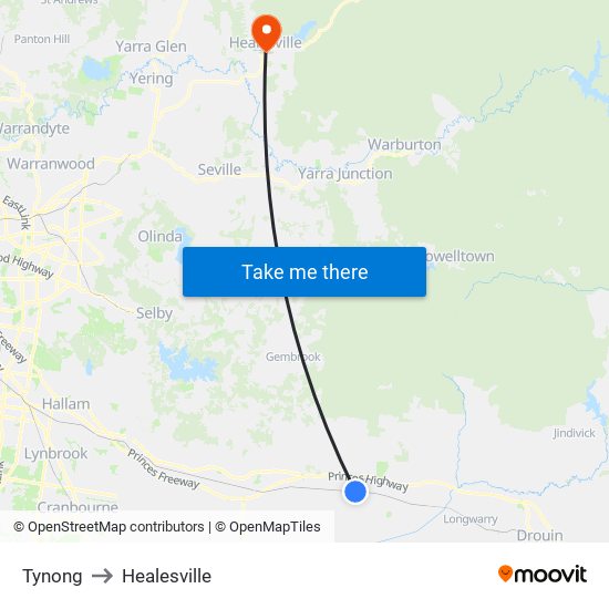 Tynong to Healesville map